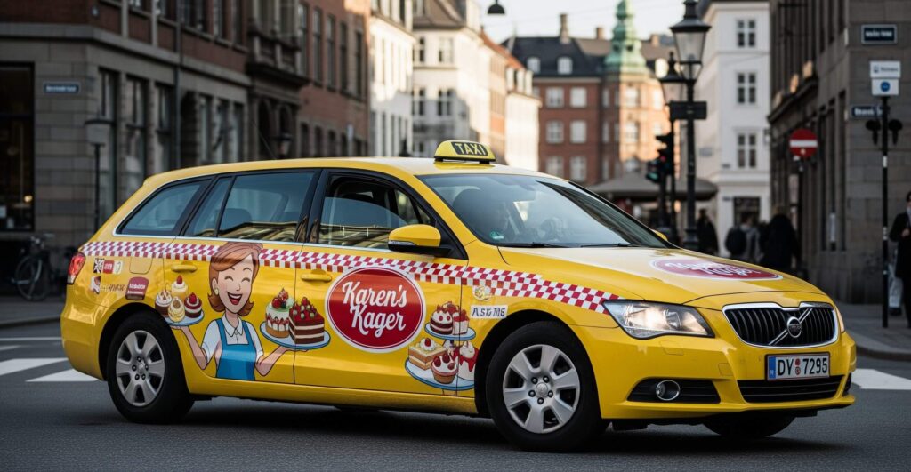 Dansk taxi med vinyl folie som reklame