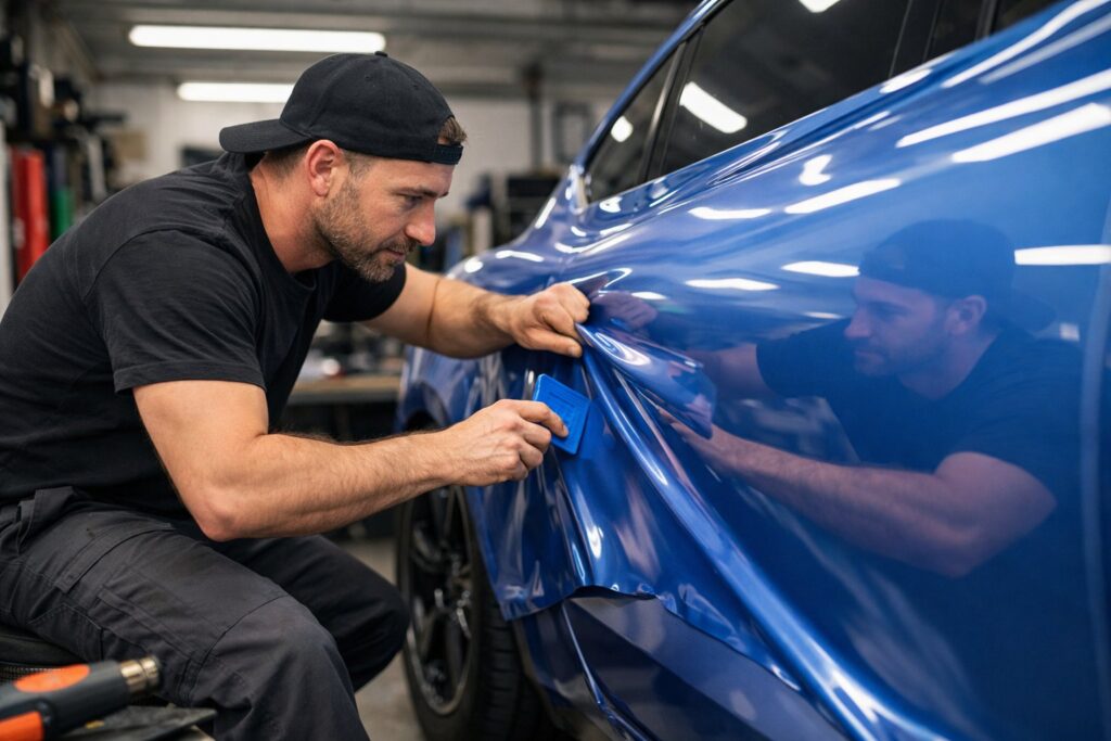 mekaniker installere bil folie