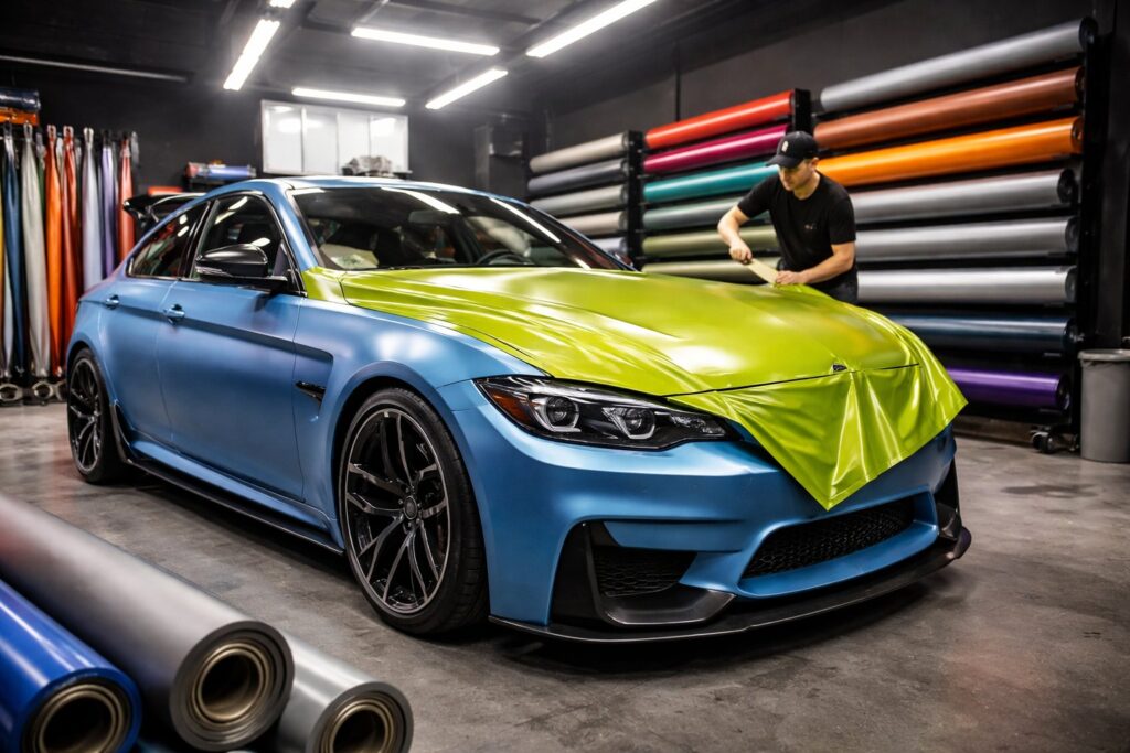 bil wrap på bil vogn i værkstedet