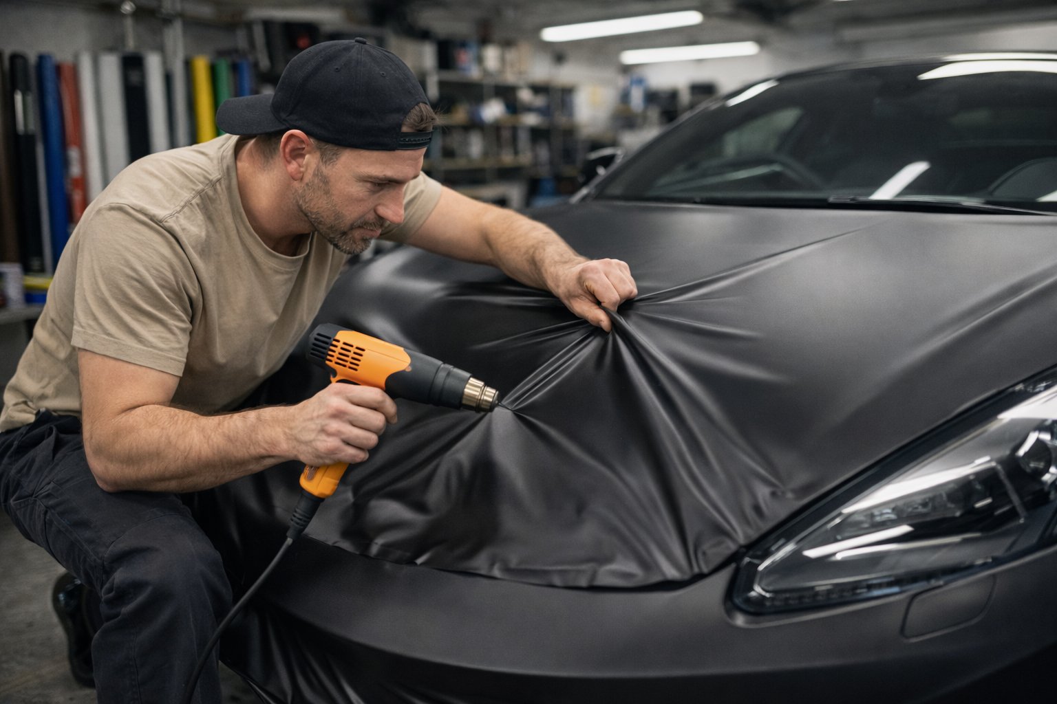 installation af mat sort folie til bil