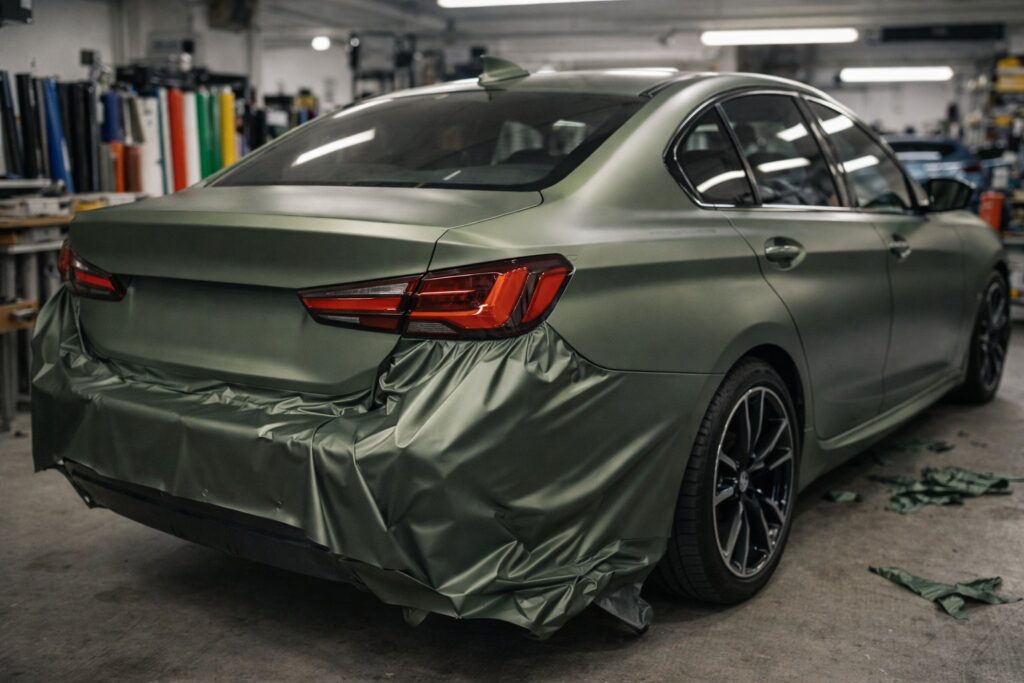 mat grøn bil wrap på værksted